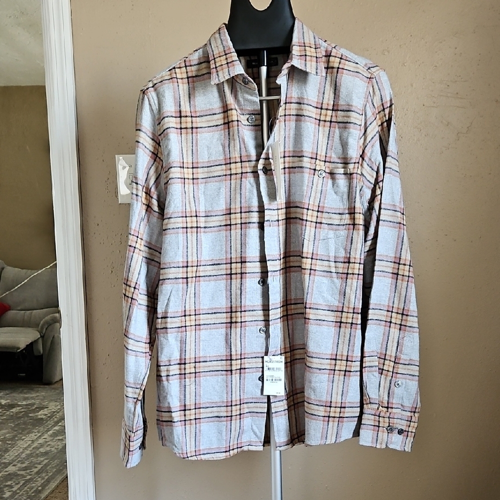 Men's Treasure & Bond Gray And Beige Plaid Casual Button Down Shirt